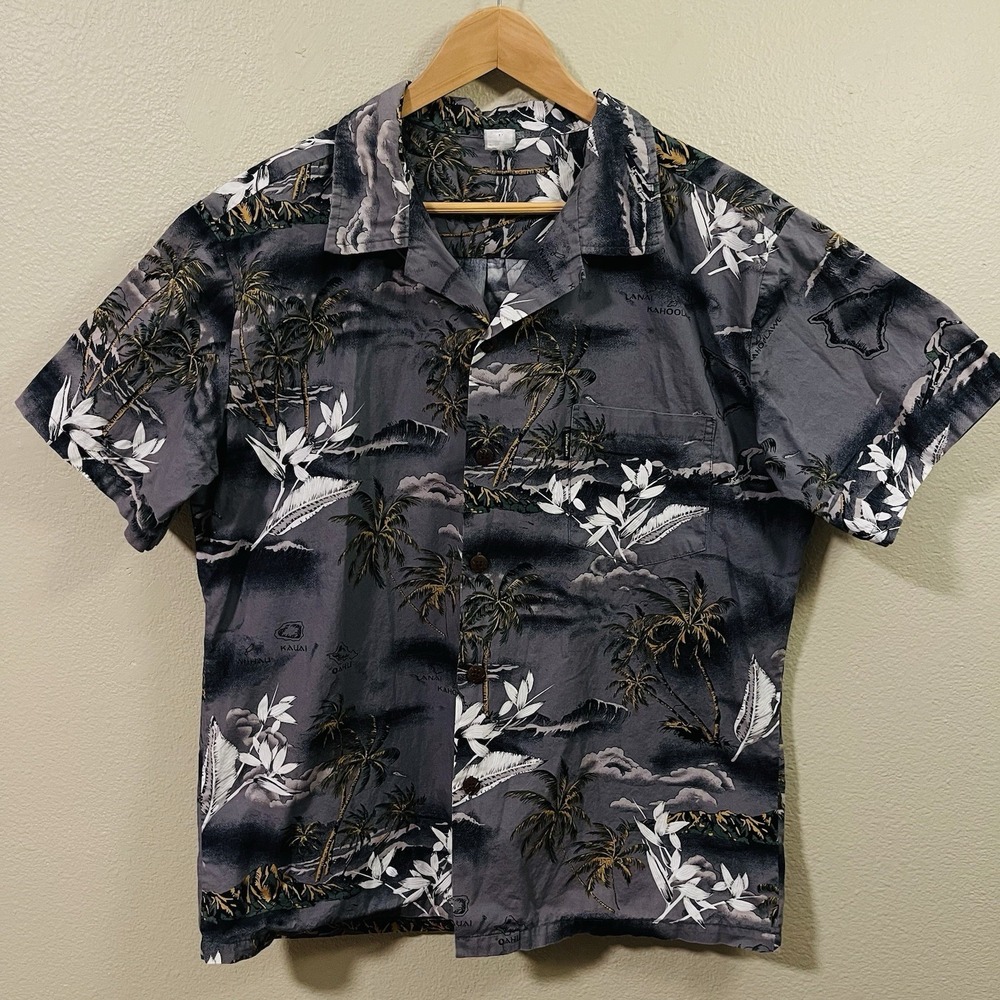 Palmwave Hawaii Shirt Button Up Islands & Palm Trees Gray Resort‎ Cruise Size M